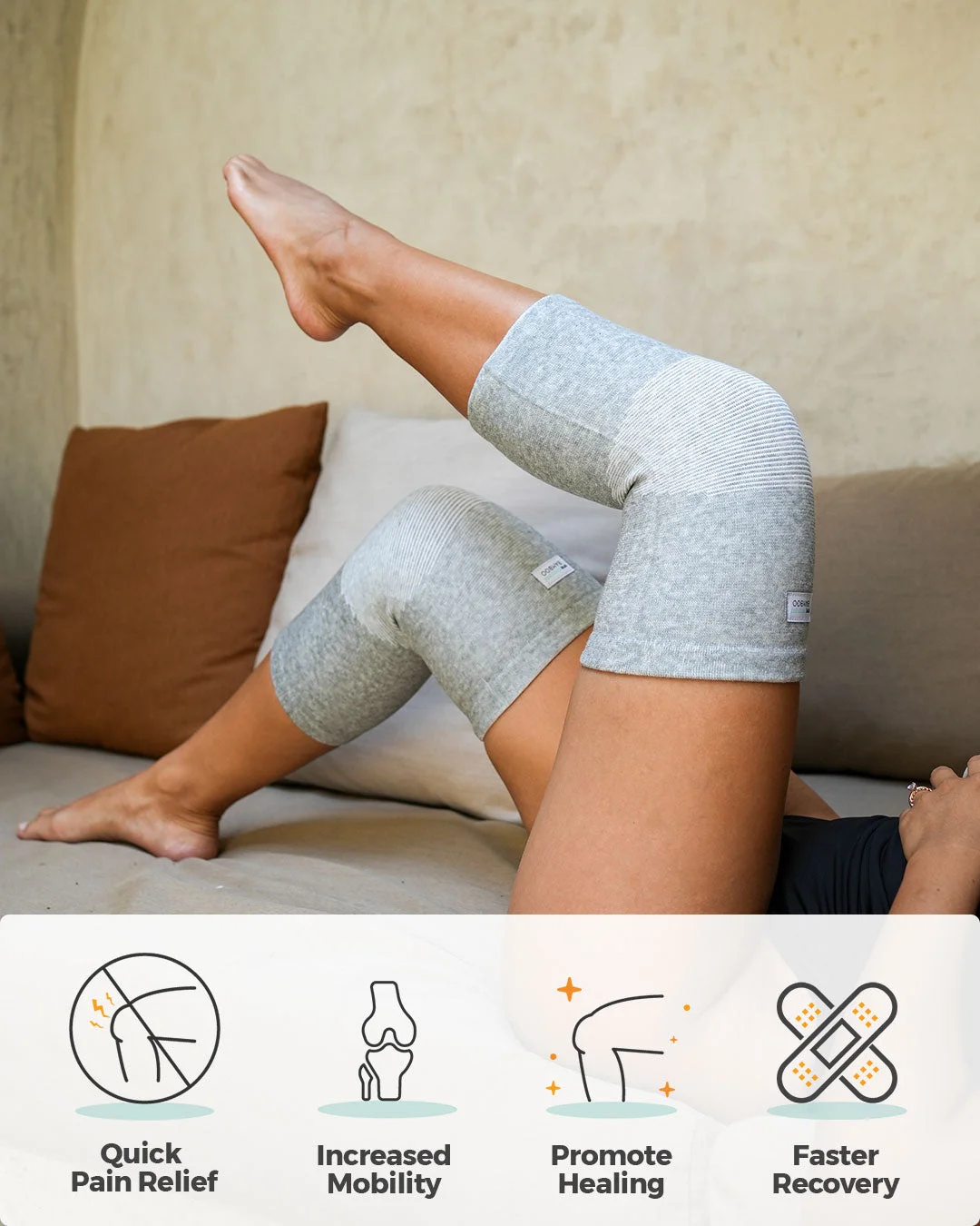 Woman reclining with knee sleeve